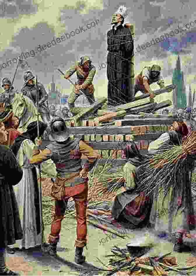 A Depiction Of A Man In Tudor Era Clothing, Standing In Front Of A Burning Stake, With A Crowd Of People Gathered Around Him. Come Rack Come Rope Robert Hugh Benson