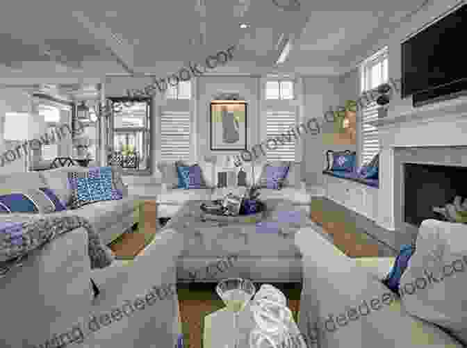Interior Of The Living Room At Cottage At The Beach, With Comfortable Sofas, A Cozy Fireplace, And Large Windows With Ocean Views. Cottage At The Beach: A Clean Wholesome Romance (The Off Season 1)